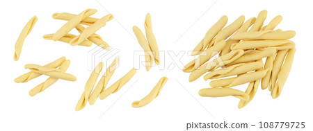 Typical Calabrian pasta called Maccheroncini also known as Maccheroni isolated on white background . Top view. Flat lay 108779725