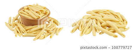 Typical Calabrian pasta called Maccheroncini or Maccheroni in wooden bowl isolated on white background with  full depth of field. 108779727