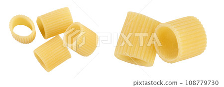 raw italian pasta isolated on white background. Mezze Maniche Rigate Bronze die. Top view. Flat lay raw italian pasta isolated on white background. Mezze Maniche Rigate Bronze die. Top view. Flat lay 108779730