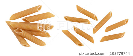 Wolegrain penne pasta from durum wheat isolated on white background with  full depth of field. Top view. Flat lay, 108779744
