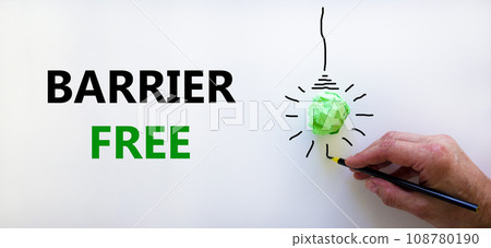 Barrier free symbol. Businessman writing words 'Barrier free', isolated on beautiful white background. Light bulb icon. Business, diversity, inclusion, belonging and barrier free concept. Copy space. Barrier free symbol. Businessman writing words 'Barrier free', isolated on beautiful white background. Light bulb icon. Business, diversity, inclusion, belonging and barrier free concept. Copy space. 108780190