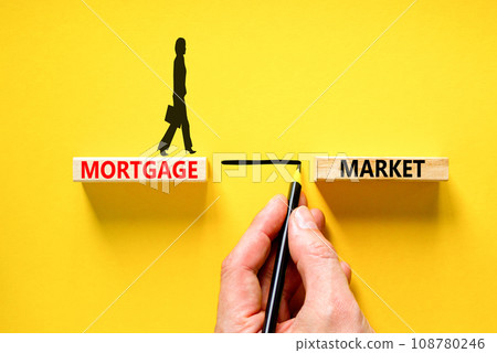 Mortgage market symbol. Concept words Mortgage market on beautiful wooden blocks. Businesswoman icon. Beautiful yellow table yellow background. Business mortgage market concept. Copy space. 108780246