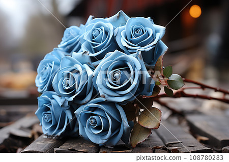 Bouquet of Blue Roses with Delicate Petals on Rustic Background. AI generation Bouquet of Blue Roses with Delicate Petals on Rustic Background. AI generation 108780283