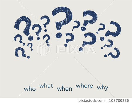 Question mark banner with words Who What When Where Why.Problem solving concept.Decision or uncertainty or strategy.Investigate and solve questions Problem solving - Hand draw Doodle style 108780286
