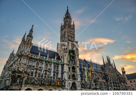 Munich (Munchen) Germany, sunrise city skyline at Marienplatz new Town Hall Square 108780381