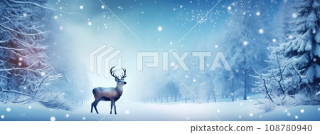 Christmas deer in the snowy forest. cute deer illustration, cool colors. wild nature. 108780940
