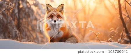 Beautiful vulpes fox against the backdrop of a snowy winter forest with a bushy tail, hunting in the freshly fallen snow in the park. wild forest animals. 108780941