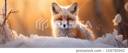 Beautiful vulpes fox against the backdrop of a snowy winter forest with a bushy tail, hunting in the freshly fallen snow in the park. wild forest animals. Beautiful vulpes fox against the backdrop of a snowy winter forest with a bushy tail, hunting in the freshly fallen snow in the park. wild forest animals. 108780942