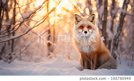 Beautiful vulpes fox against the backdrop of a snowy winter forest with a bushy tail, hunting in the freshly fallen snow in the park. wild forest animals. 108780949
