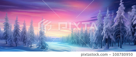 Amazing snowy winter landscape. Winter landscape with snow-covered pine trees and northern lights (northern lights). Polar Lights. Creative image of wild nature. 108780950