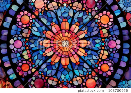 色彩繽紛的花朵圖案的彩色玻璃 - 光彩奪目的幾何美感AI圖像 108780956