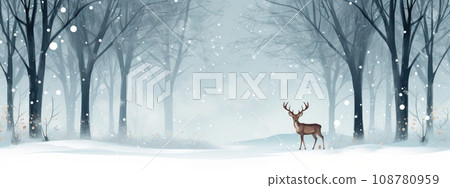 Christmas deer in the snowy forest. cute deer illustration, cool colors. wild nature. 108780959
