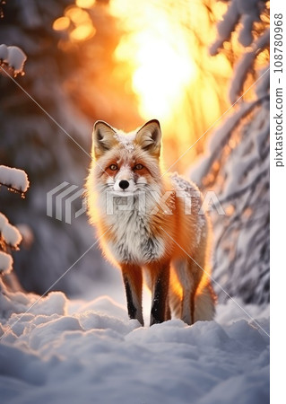 Beautiful vulpes fox against the backdrop of a snowy winter forest with a bushy tail, hunting in the freshly fallen snow in the park. wild forest animals. 108780968
