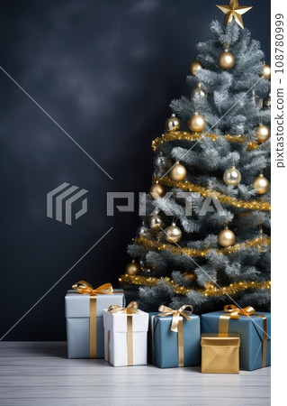 Lots of gifts around a decorated Christmas tree. New Year's background in Scandinavian style, Christmas tree decorations. copy space. Lots of gifts around a decorated Christmas tree. New Year's background in Scandinavian style, Christmas tree decorations. copy space. 108780999