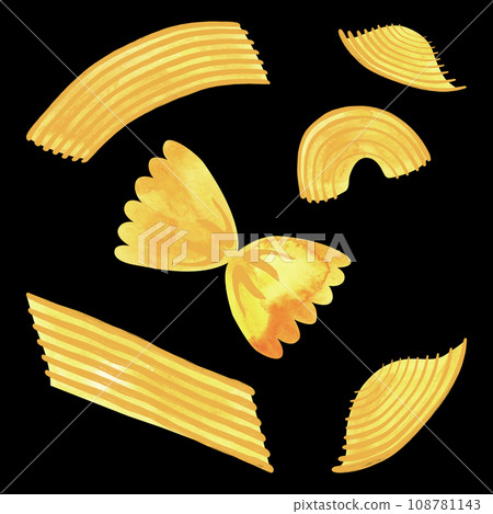 Set of Italian pasta: farfalle, penne, shells. National food. Isolated watercolor illustration. Clipart. 108781143