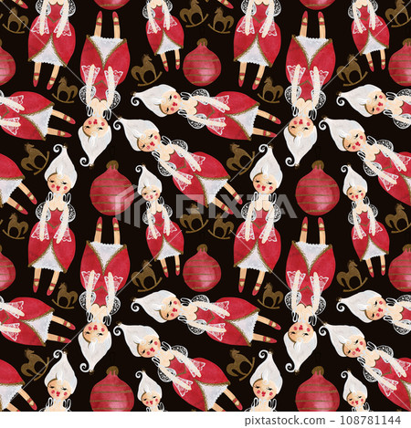 Nutcracker and nuts. Seamless watercolor pattern for New Year and Christmas wrapping paper. Vintage style gifts for children under the Christmas tree. 108781144