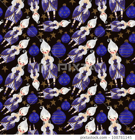 Nutcracker and nuts. Seamless watercolor pattern for New Year and Christmas wrapping paper. Vintage style gifts for children under the Christmas tree. Nutcracker and nuts. Seamless watercolor pattern for New Year and Christmas wrapping paper. Vintage style gifts for children under the Christmas tree. 108781145