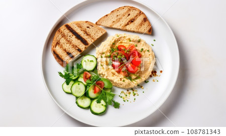 bowl of hummus on a white background, top view. vegetarian homemade snack. Arabic food. bowl of hummus on a white background, top view. vegetarian homemade snack. Arabic food. 108781343