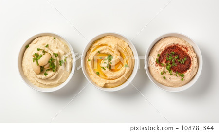 bowl of hummus on a white background, top view. vegetarian homemade snack. Arabic food. bowl of hummus on a white background, top view. vegetarian homemade snack. Arabic food. 108781344