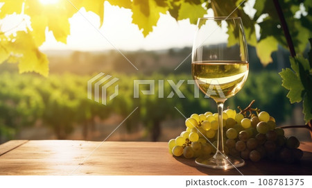 one glass of white wine on a wooden table in clear weather overlooking the vineyards. wine production. alcoholic drink. copy space. 108781375