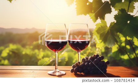 wine glass with red wine on a wooden table overlooking a vineyard in clear weather. raw materials for making wine. copy space. 108781414