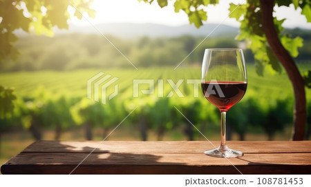 wine glass with red wine on a wooden table overlooking a vineyard in clear weather. raw materials for making wine. copy space. 108781453