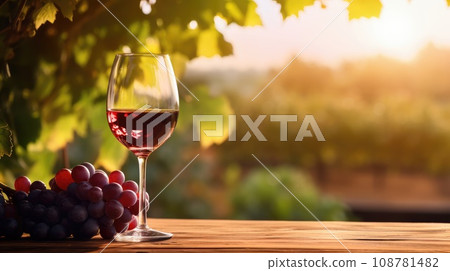 wine glass with red wine on a wooden table overlooking a vineyard in clear weather. raw materials for making wine. copy space. 108781482
