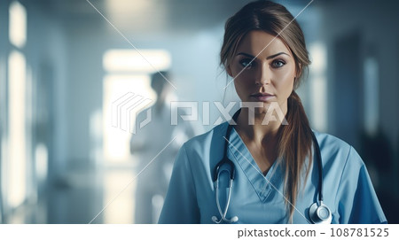 A female doctor stands with in the hospital corridor. concept medicine and treatment of people. protecting people's health. 108781525