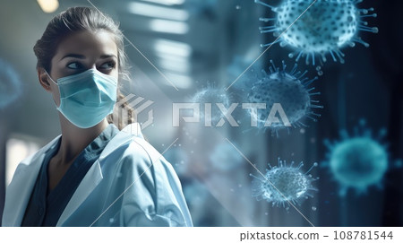 Coronavirus - girl doctor wearing a mask to protect bacteria, a virus flies in the air, blue background Coronavirus - girl doctor wearing a mask to protect bacteria, a virus flies in the air, blue background 108781544
