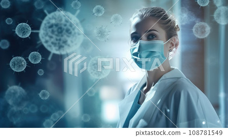 Coronavirus - girl doctor wearing a mask to protect bacteria, a virus flies in the air, blue background Coronavirus - girl doctor wearing a mask to protect bacteria, a virus flies in the air, blue background 108781549