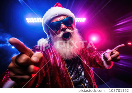 A fiery Christmas party with Santa Claus as a DJ mixing tracks on a DJ mixer. The New Year's party is filled with festive mood and fun. a night of fun. A fiery Christmas party with Santa Claus as a DJ mixing tracks on a DJ mixer. The New Year's party is filled with festive mood and fun. a night of fun. 108781562