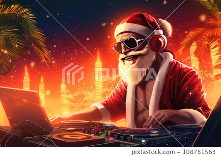 A fiery Christmas party with Santa Claus as a DJ mixing tracks on a DJ mixer. The New Year's party is filled with festive mood and fun. a night of fun. A fiery Christmas party with Santa Claus as a DJ mixing tracks on a DJ mixer. The New Year's party is filled with festive mood and fun. a night of fun. 108781563