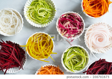 Vegetable noodle concept - selection of vegetable spaghetti, low carb diet alternative Vegetable noodle concept - selection of vegetable spaghetti, low carb diet alternative 108781673