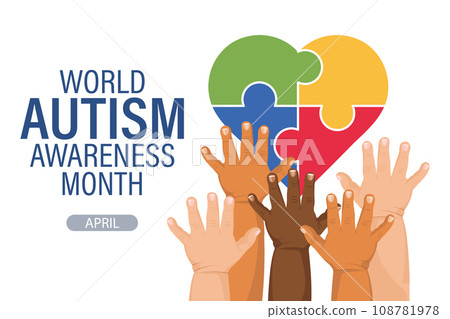 World Autism Awareness Day banner. Children's hands and colorful heart puzzles. Poster, vector 108781978
