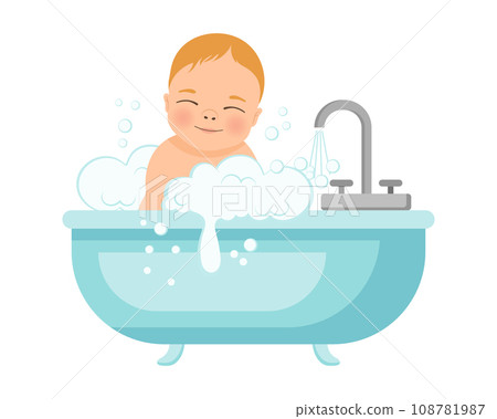 Baby boy in a bath with foam. Baby shower illustration. Design for baby hygiene products. Vector 108781987