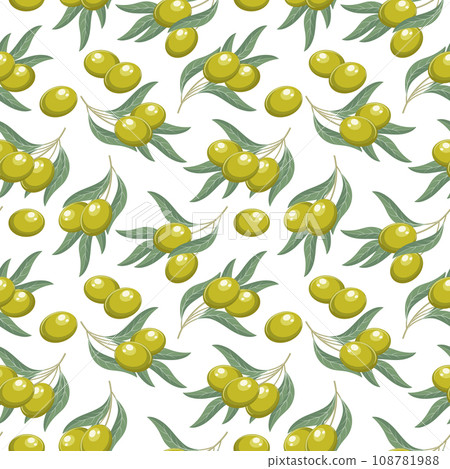 Background with olives. Seamless pattern, green olives and twigs with leaves on a white background. Print, vector 108781988