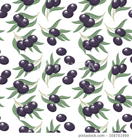 Background with olives. Seamless pattern, black olives and twigs with leaves on a white background. Print, vector 108781989