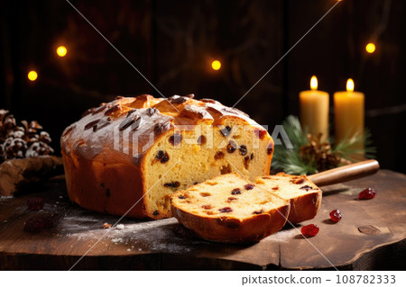 Christmas panettone cake with chocolate chips on rustic wooden table 108782333
