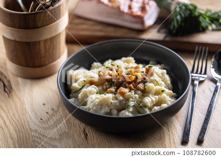 Halusky as traditional Slovak potato gnocchi with sheep cheese bryndza, fried bacon and chives Halusky as traditional Slovak potato gnocchi with sheep cheese bryndza, fried bacon and chives 108782600