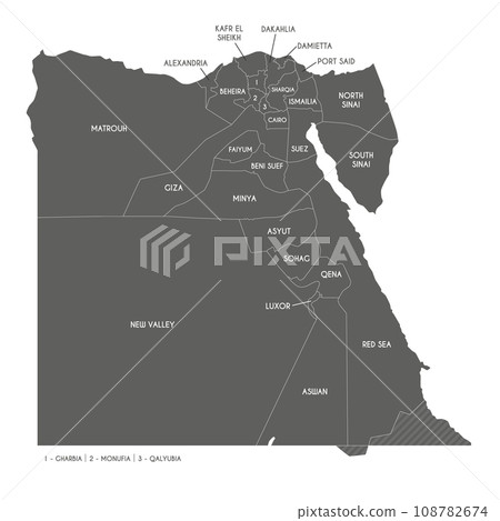 Vector map of Egypt with governorates or provinces and administrative divisions. Editable and clearly labeled layers. 108782674