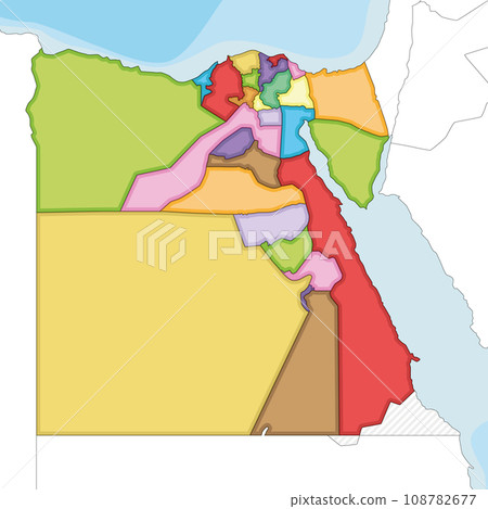 Vector illustrated blank map of Egypt with governorates or provinces and administrative divisions, and neighbouring countries. Editable and clearly labeled layers. 108782677