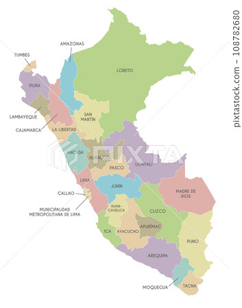 Vector map of Peru with departments, provinces and administrative divisions. Editable and clearly labeled layers. 108782680
