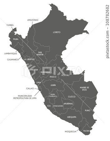 Vector map of Peru with departments, provinces and administrative divisions. Editable and clearly labeled layers. 108782682