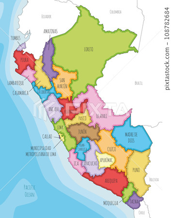 Vector illustrated map of Peru with departments, provinces and administrative divisions, and neighbouring countries. Editable and clearly labeled layers. 108782684