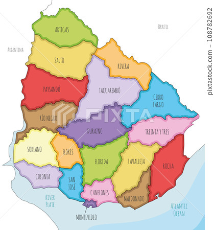 Vector illustrated map of Uruguay with departments and administrative divisions, and neighbouring countries. Editable and clearly labeled layers. Vector illustrated map of Uruguay with departments and administrative divisions, and neighbouring countries. Editable and clearly labeled layers. 108782692