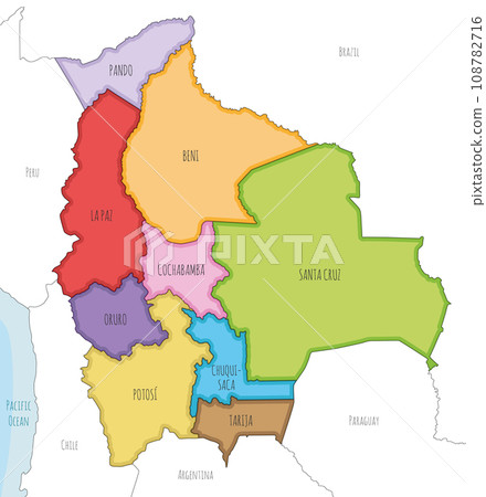 Vector illustrated map of Bolivia with departments and administrative divisions, and neighbouring countries. Editable and clearly labeled layers. 108782716