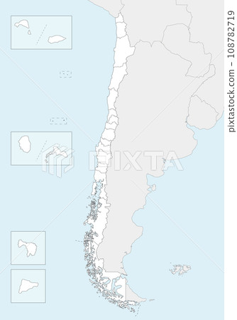 Vector blank map of Chile with regions and territories and administrative divisions, and neighbouring countries and territories. Editable and clearly labeled layers. Vector blank map of Chile with regions and territories and administrative divisions, and neighbouring countries and territories. Editable and clearly labeled layers. 108782719