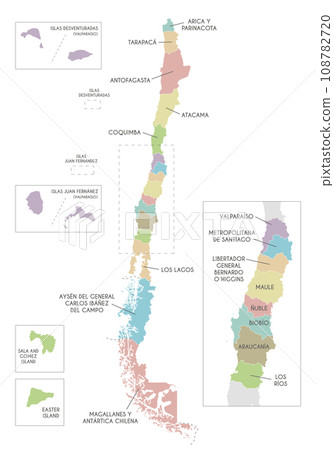 Vector map of Chile with regions and territories and administrative divisions. Editable and clearly labeled layers. Vector map of Chile with regions and territories and administrative divisions. Editable and clearly labeled layers. 108782720