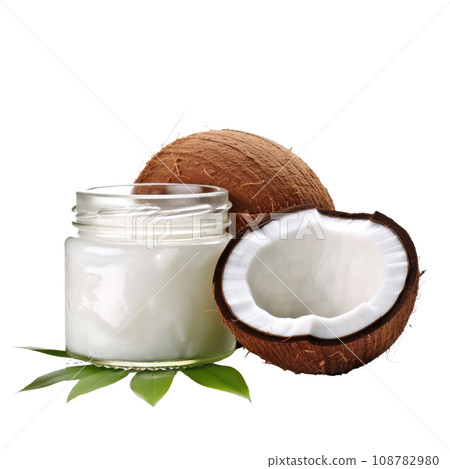 Virgin Coconut Oil in Glass Jar with Wooden Lid Virgin Coconut Oil in Glass Jar with Wooden Lid 108782980