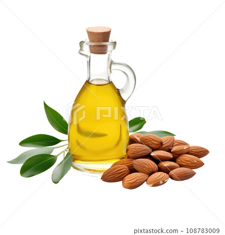 Organic Almond Oil Bottle and Nuts 108783009
